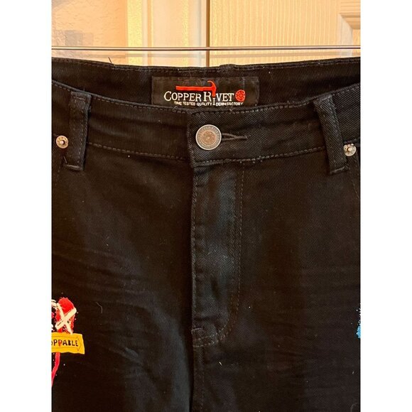 Copper Rivet Jean Shorts Mens 38 Black Hip Hop Denim Distressed Paint Patched - Picture 11 of 12